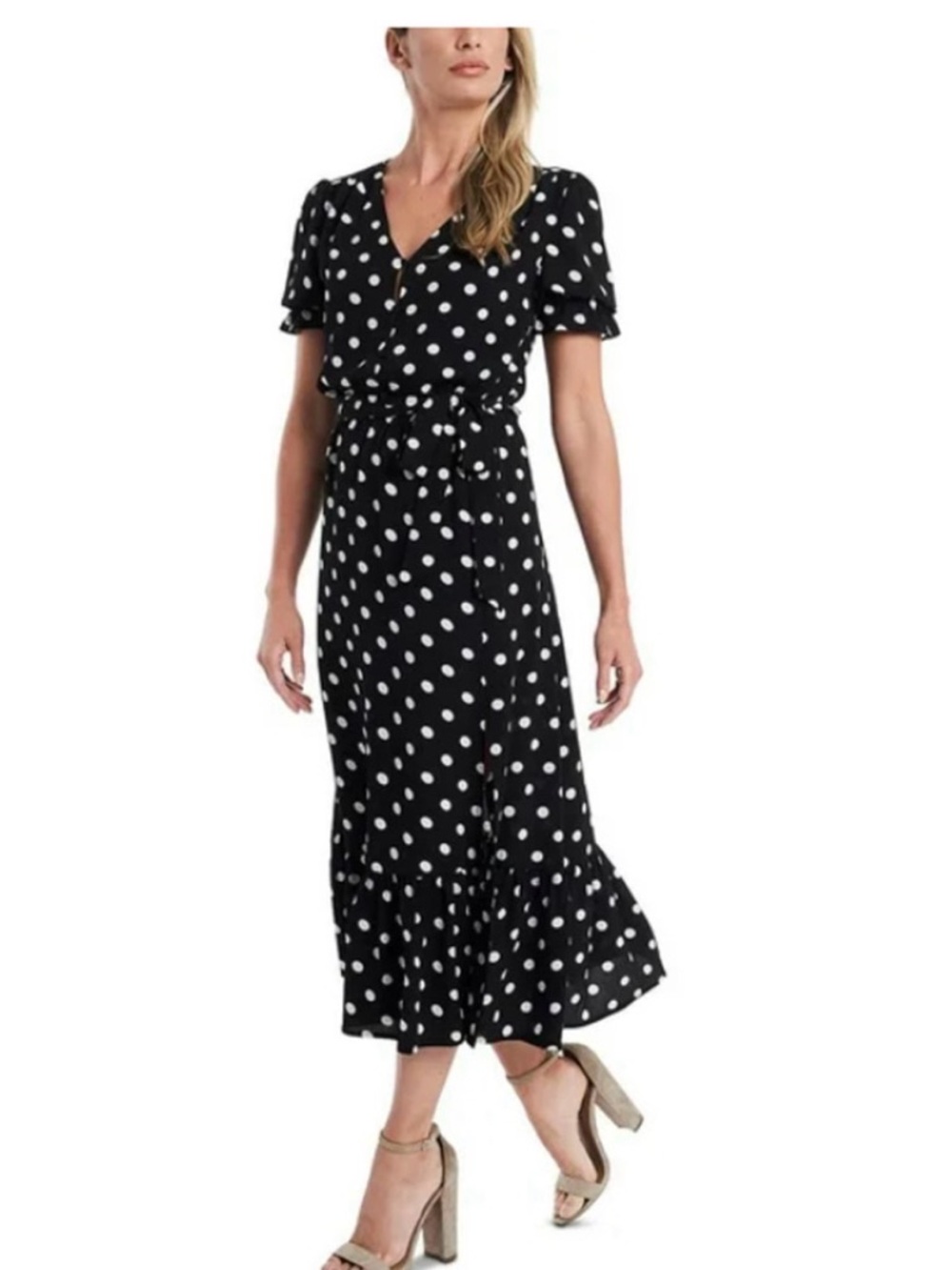 CeCe Black and White Polka Dot V-Neck wrap Midi Dress size 6